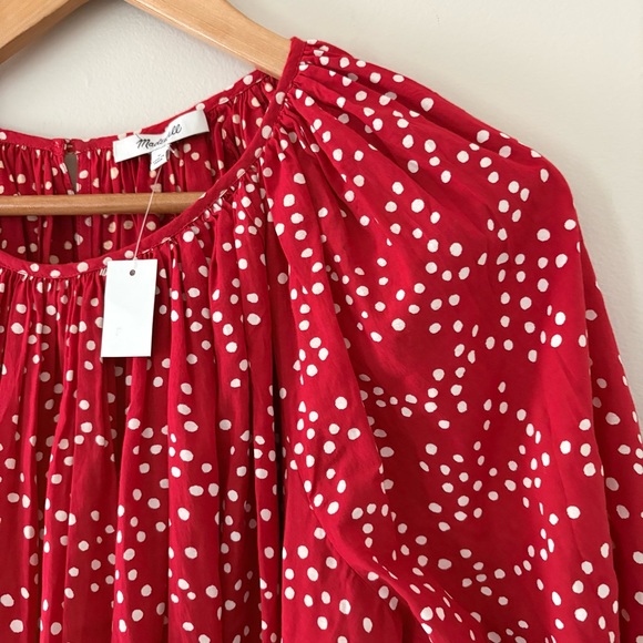 Madewell Shirred Puff-Sleeve Top Polka Dot Red White Size Medium - Picture 5 of 14